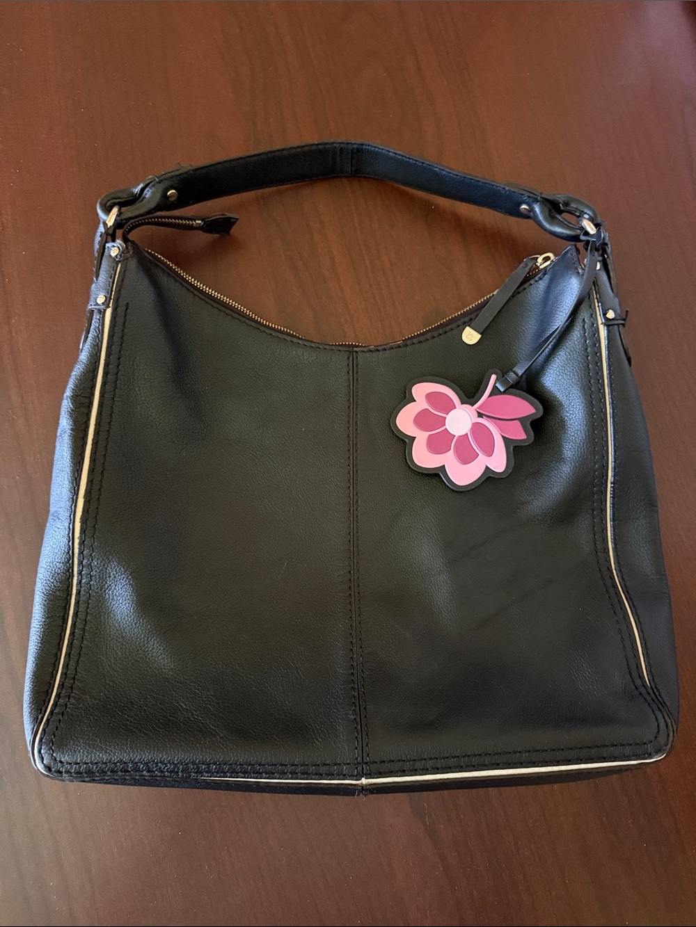 Kate Spade Black Pebbled Leather Hobo Bag with Pink Flower Charm & Cream Trim